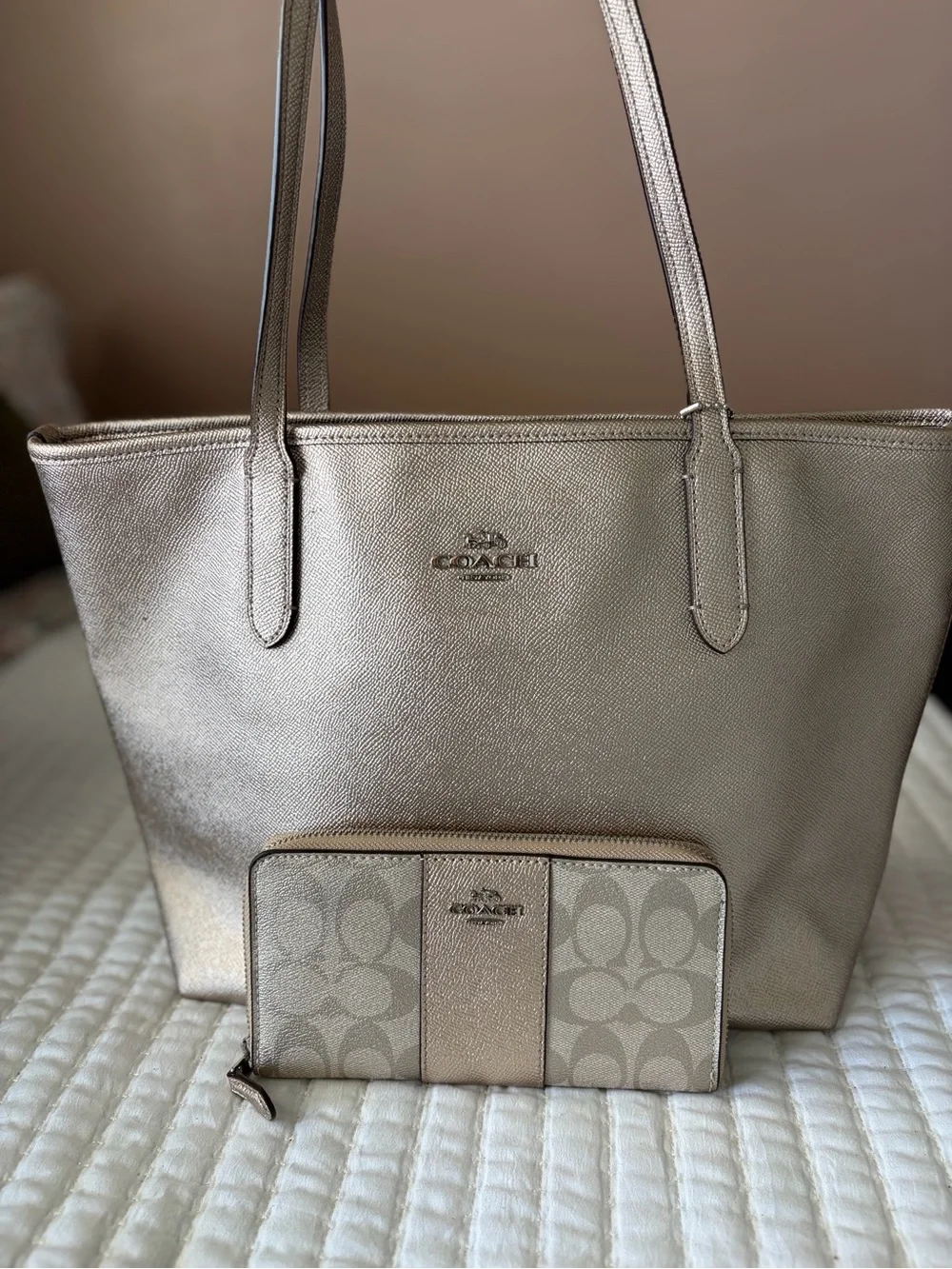 Coach Metallic Tote with Signature Wallet